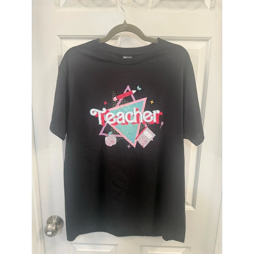 Skyland Tee Teacher Graphic T-Shirt Womens L Black Crew Neck Short Sleeve cute